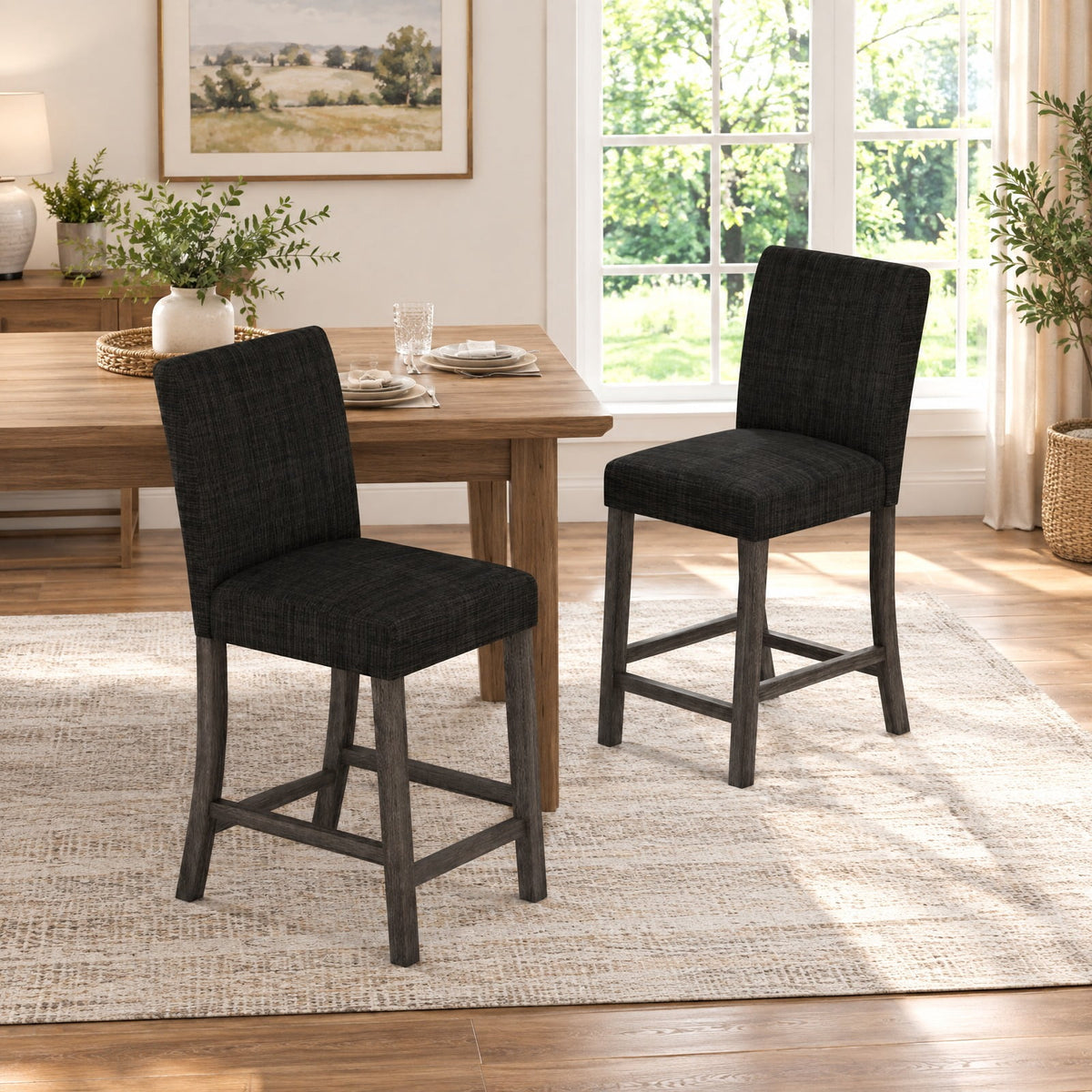 Airfind Counter Height Bar Stools Set of 2 with Back and Footrest, Rubber Wood MDF Linen Fabric Sponge Frame, Gray