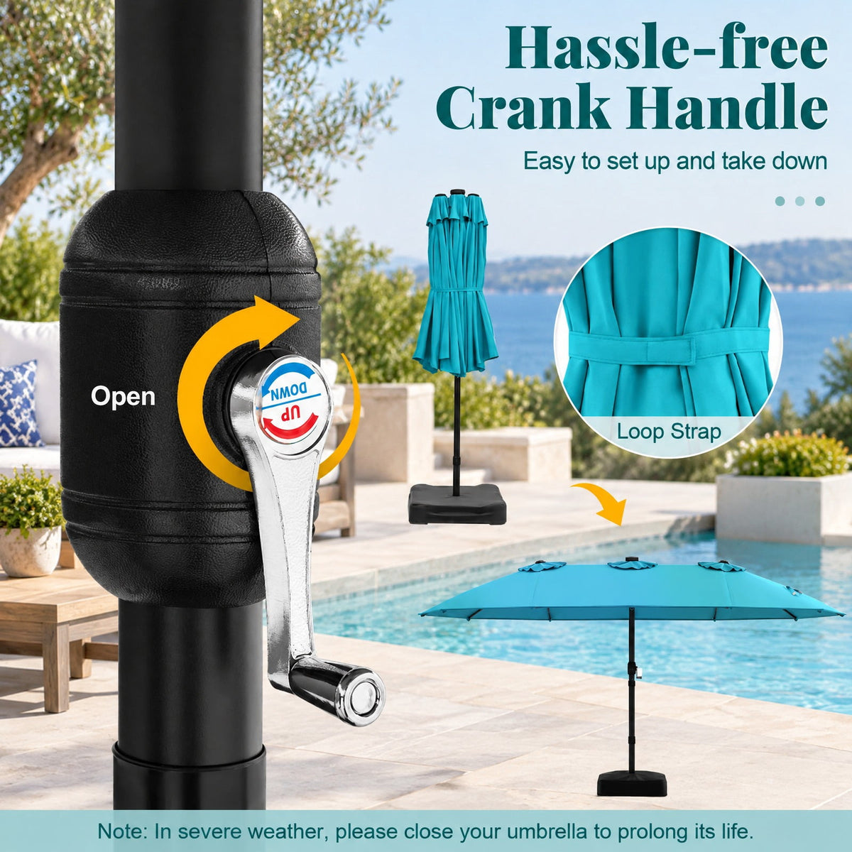 Airfind 15 Feet Double, Sided Patio Umbrella with 48 LED Lights, Turquoise, 48 LED lights are powered by a top solar panel, for Indoor and Outdoor Use