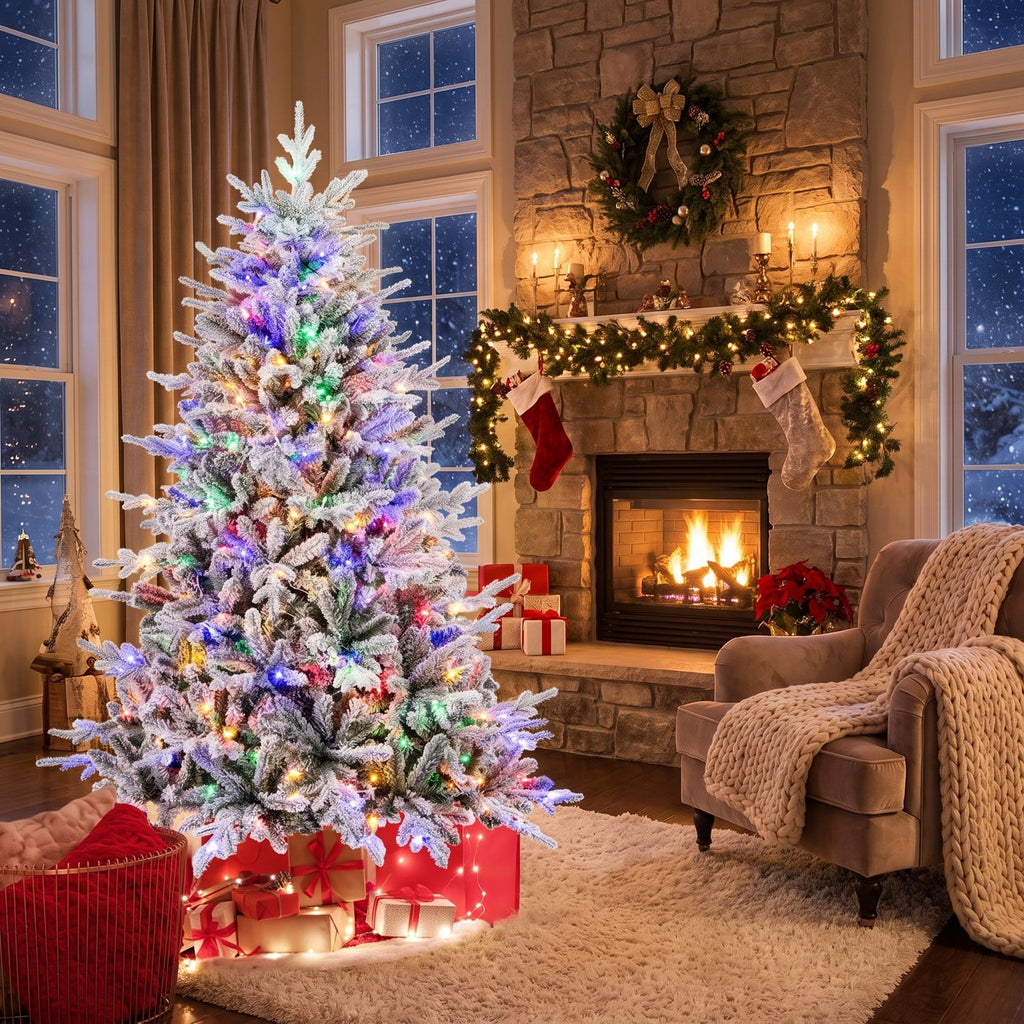 Airfind 6 Feet Flocked Christmas Tree with 8 Lighting Modes and Multi-Color LED Lights-6 ft, Green and White