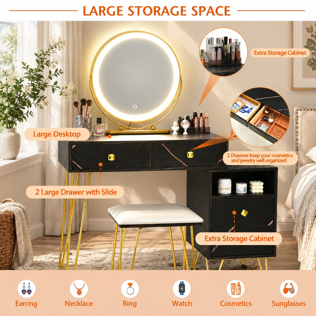 Airfind Modern Dressing Table with Storage Cabinet, 88 lbs Capacity, Steel plywood wood sponge glass Frame, 31.5in x 16in x 30in Footprint, Black