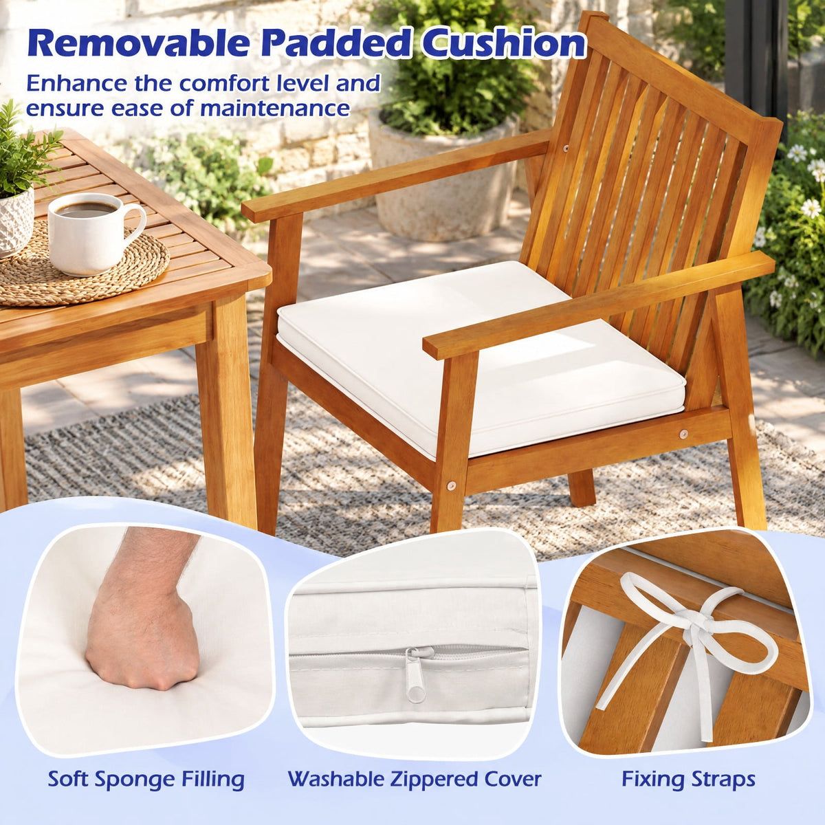 Airfind 2 Pieces Patio Dining Chairs Outdoor Acacia Wood Chairs with Removable Padded Cushion, Acacia Wood Sponge Non-woven Fabric Frame, Natural