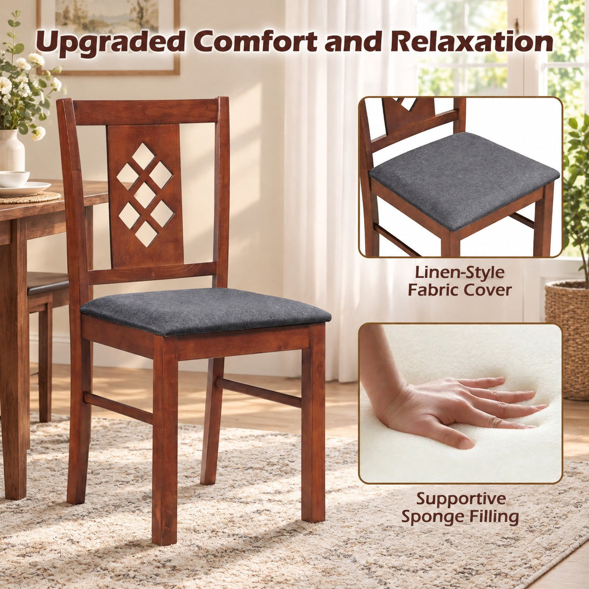 Airfind Linen Style Upholstered Kitchen Chairs with Wood Frames Set of 4, 330 Lbs Capacity, Rubber Wood Polyester Sponge Engineered Wood, Unspecified