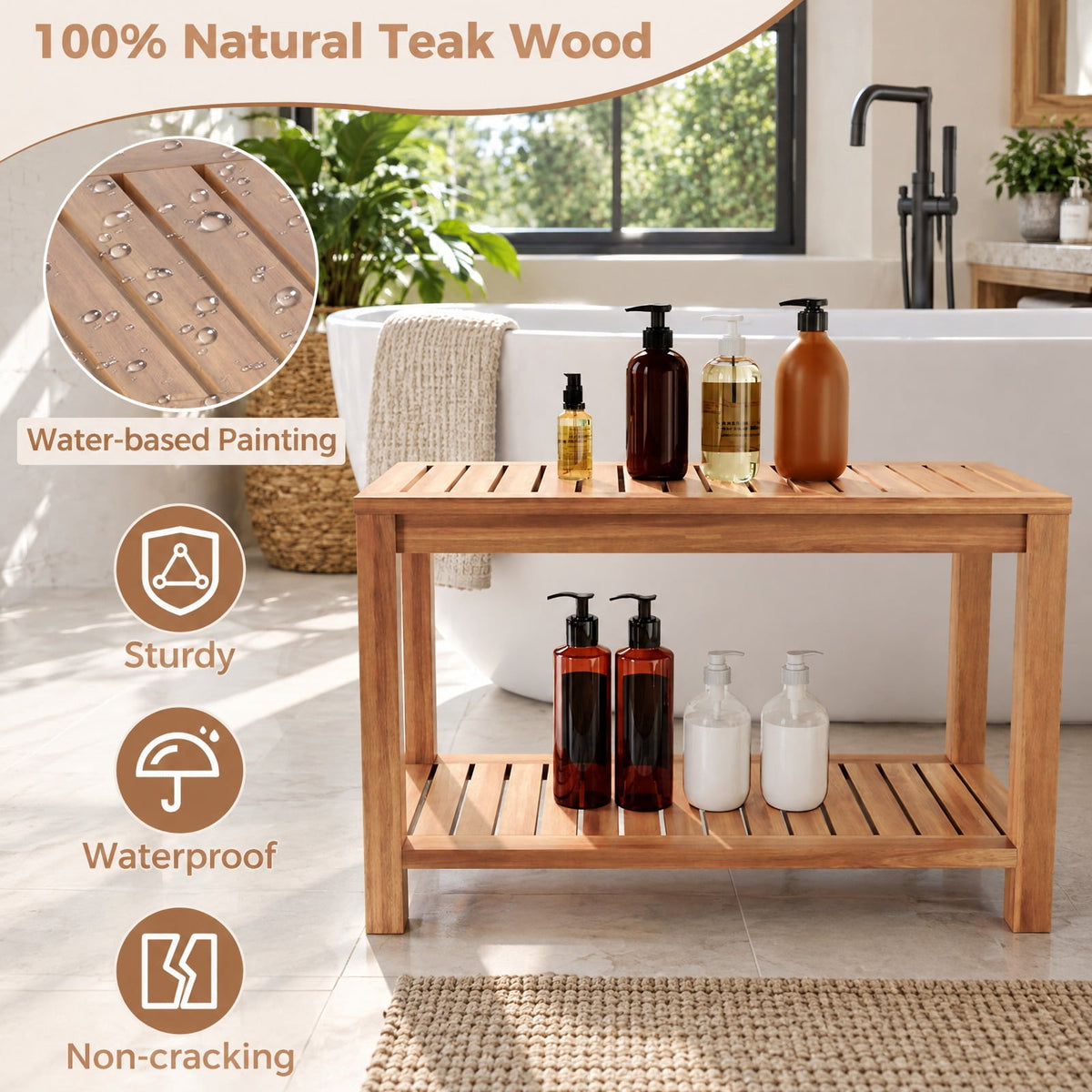 Airfind 30 Inch Teak Wood Shower Bench Inside Shower Stool with Storage Shelf, Teak Wood 19 Inches Frame, 19 x 12.5 x 17.5 Footprint, Wood