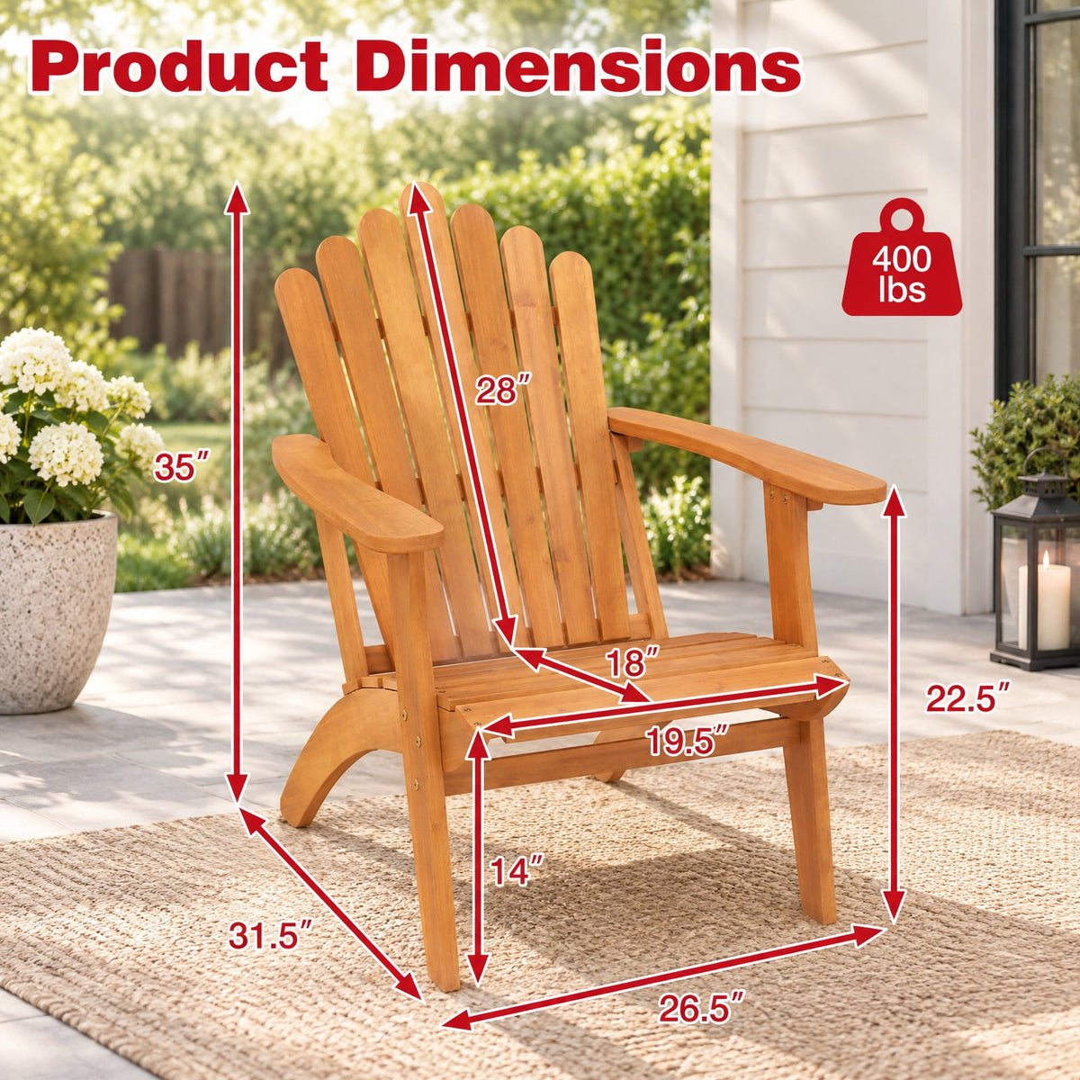 Airfind Acacia Wood Outdoor Patio Chair with 400 lbs Weight Capacity, 400 lbs Capacity, Acacia Wood Frame, 26.5 x 31.5 x 35 Footprint, Natural