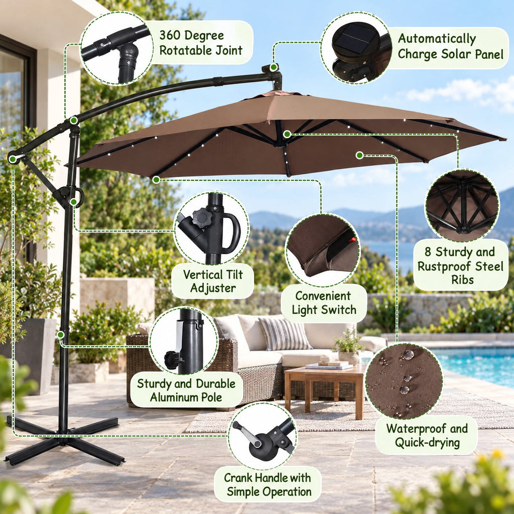 Airfind 10 ft 360° Rotation Solar Powered LED Patio Offset Umbrella without Weight Base, Steel aluminum polyester fabric Frame, 10 x 7.5 Footprint