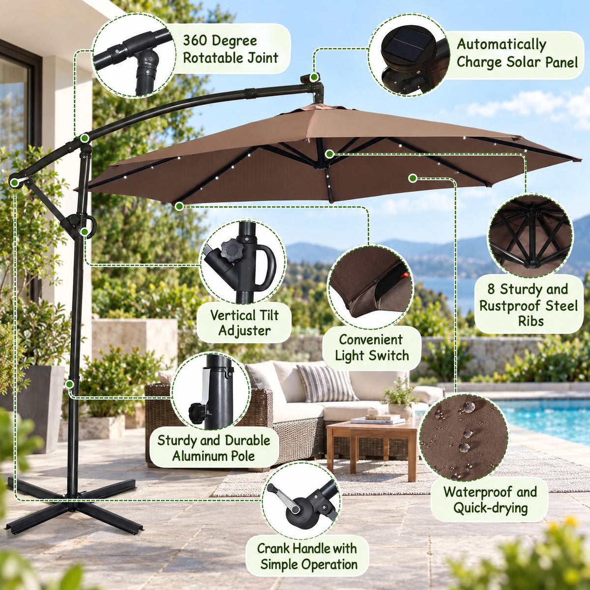 Airfind 10 ft 360° Rotation Solar Powered LED Patio Offset Umbrella without Weight Base, Steel aluminum polyester fabric Frame, 10 x 7.5 Footprint