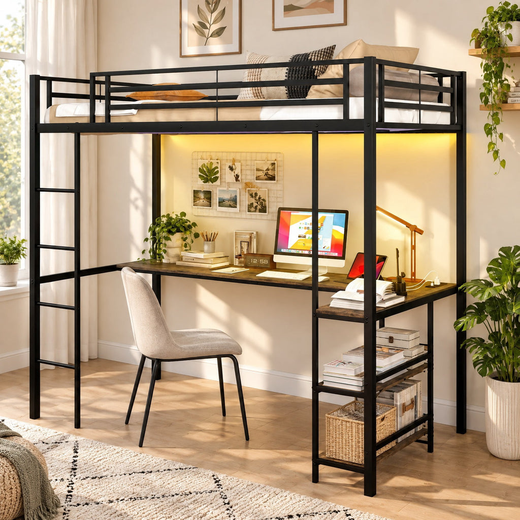 Airfind Twin Size Loft Bed Raised Platform Bed with Desk and 2 Storage Shelves, 440 lbs Capacity, MDF Metal Frame, 78 x 41.5 x 71 Footprint