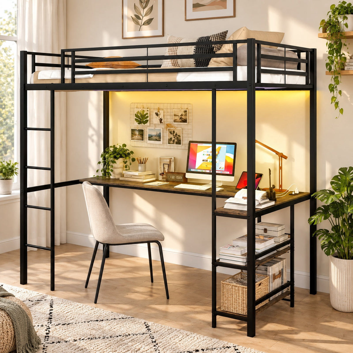 Airfind Twin Size Loft Bed Raised Platform Bed with Desk and 2 Storage Shelves, 440 lbs Capacity, MDF Metal Frame, 78 x 41.5 x 71 Footprint