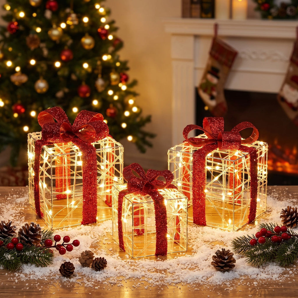 Airfind 3 Pieces Christmas Lighted Gift Boxes Decorations with 60 LED Lights for Indoor and Outdoor, PVC Steel fabric Frame, As picture shows
