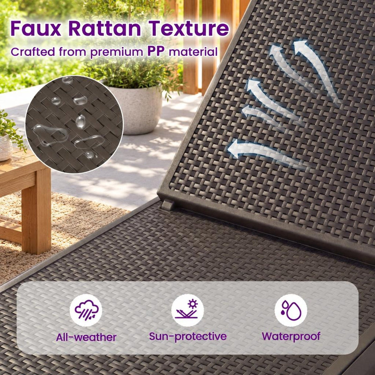 Airfind Outdoor Chaise Lounger Chair with Waterproof Rattan Textured PP Surface and 330 lbs Capacity, 330 lbs Capacity, PP Frame, Brown