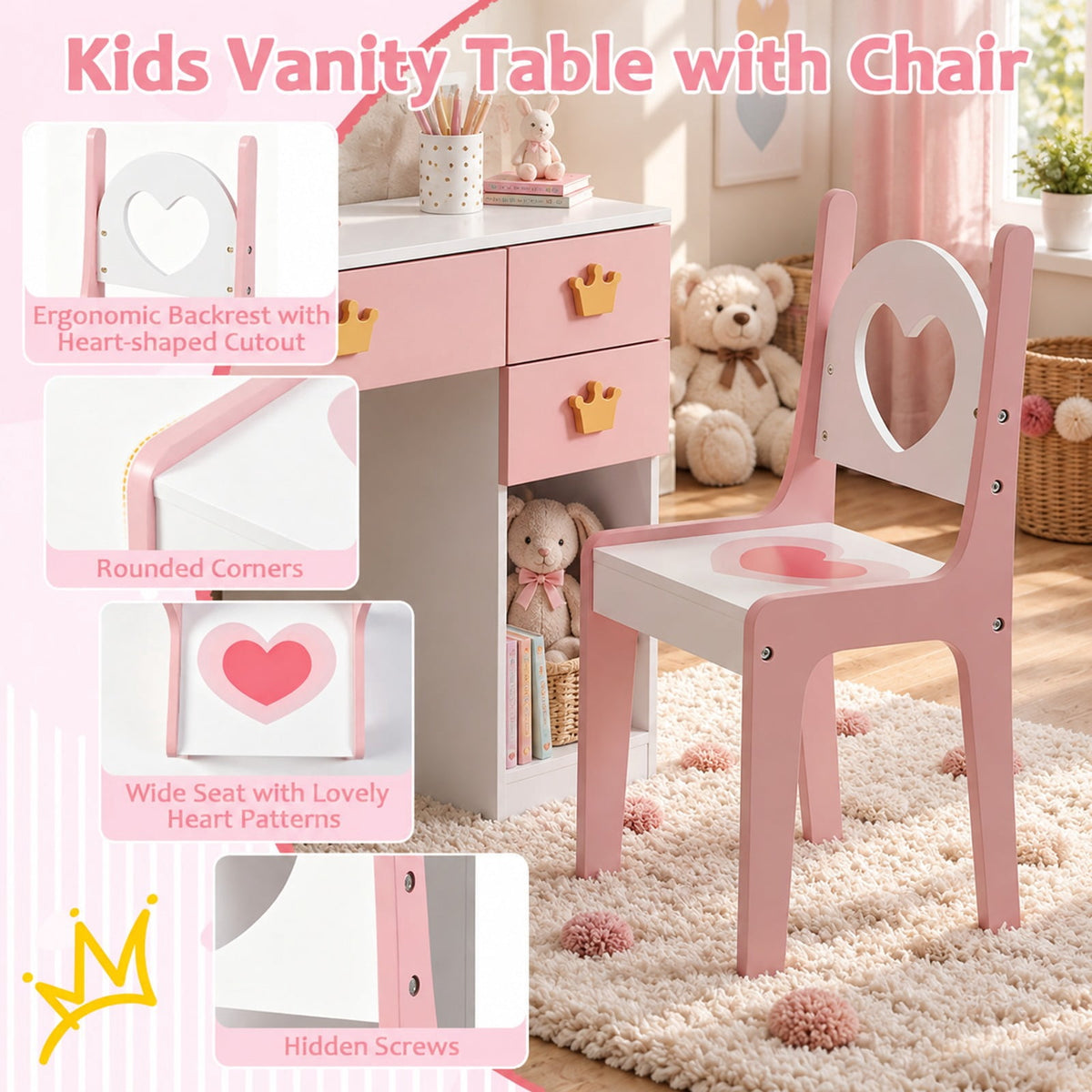 Airfind Kids Vanity Set with Crown Mirror and Chair for Girls, 110 lbsChair Capacity, 31.5in x 16in x 51inTabletop Footprint, White