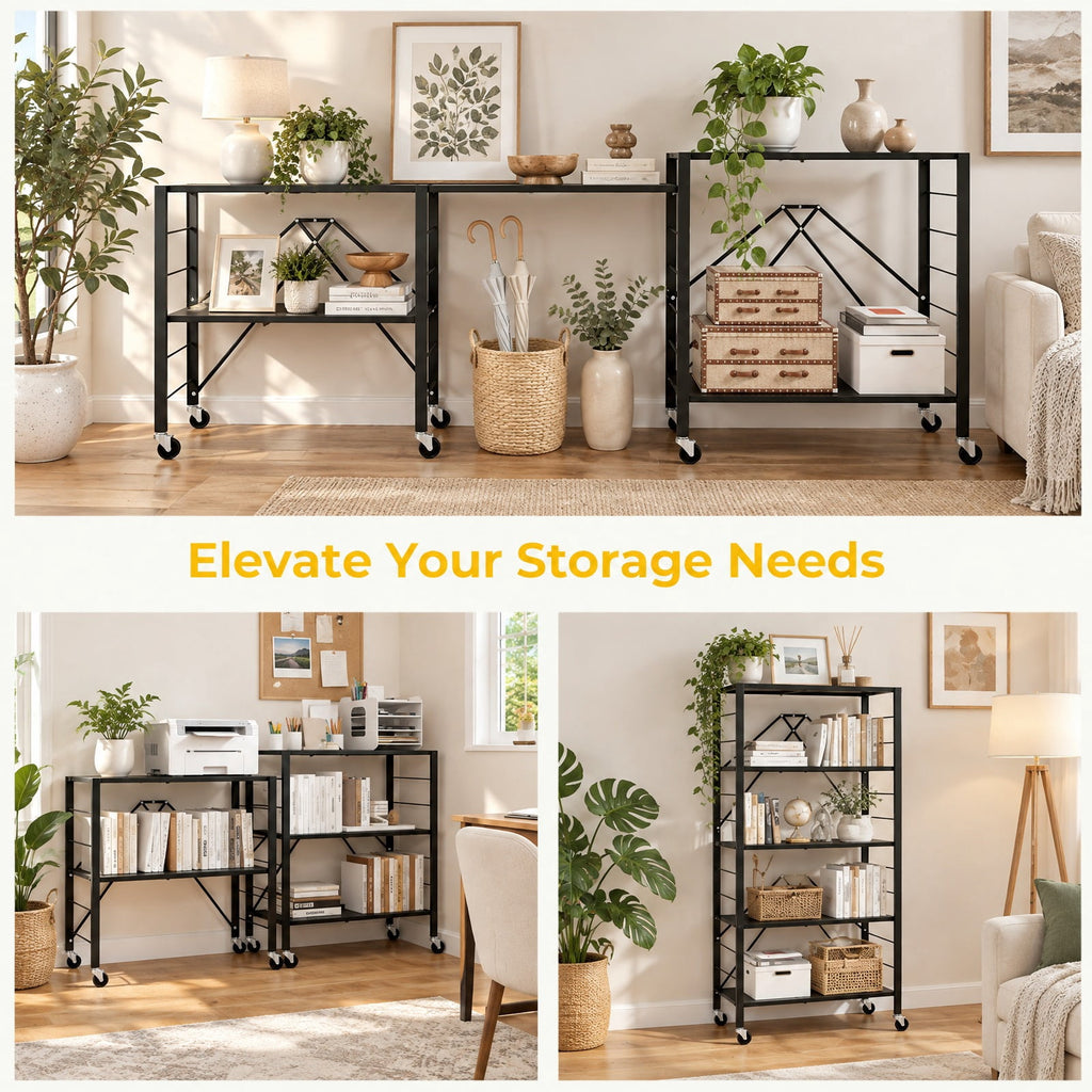 Airfind 5-Tier Foldable Storage Shelf with Wheels, 165 lbs Capacity, Metal Frame, 30 Inch x 13.5 Inch x 60.5 Inch Footprint, Black