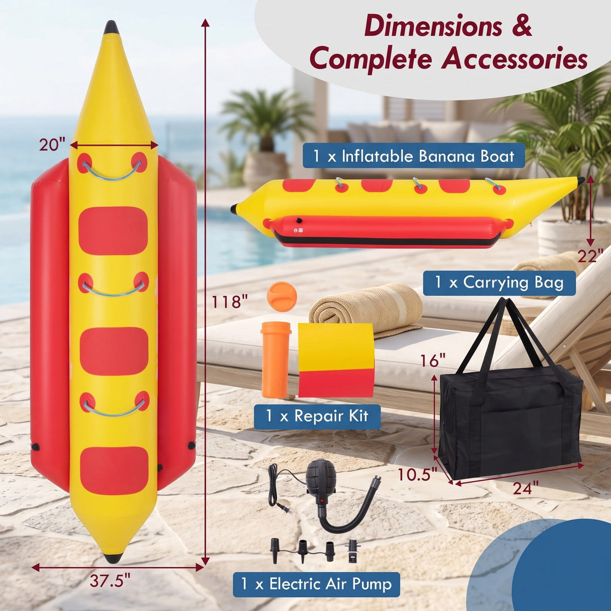Airfind 3 Person Inflatable Banana Boat with Electric Air Pump Carrying Bag and Repair Kit for Lake and Sea Towing, Red and Yellow