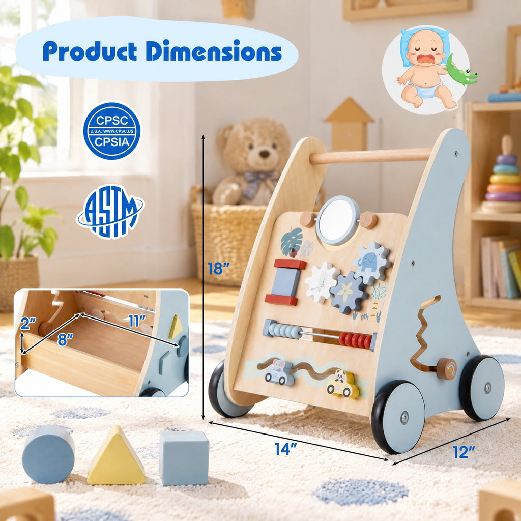 Airfind Wooden Baby Push and Pull Walker with Multi, Lotus Wood Engineered Wood Frame, for 3+ Years Old, 14in x 12in x 18in Footprint, Blue