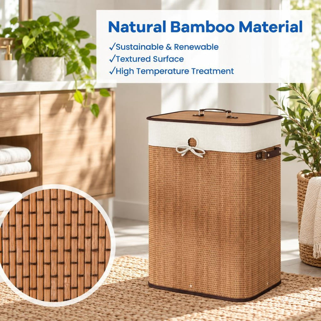 Airfind 19 Gal Rectangle Laundry Basket Bamboo Clothes Hamper with Handles and Lid, Bamboo and polyester cotton Frame, Yellow