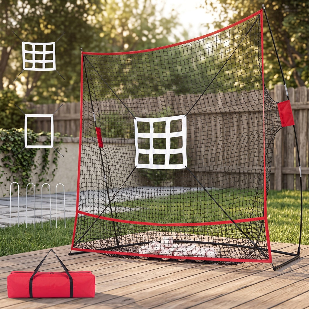 Airfind 7 x 7.4 FT Baseball Practice Net with 2 Strike Zones and Ball Collection System, Portable Pitching Batting Hitting Rebounder for Backyard, Black and Red