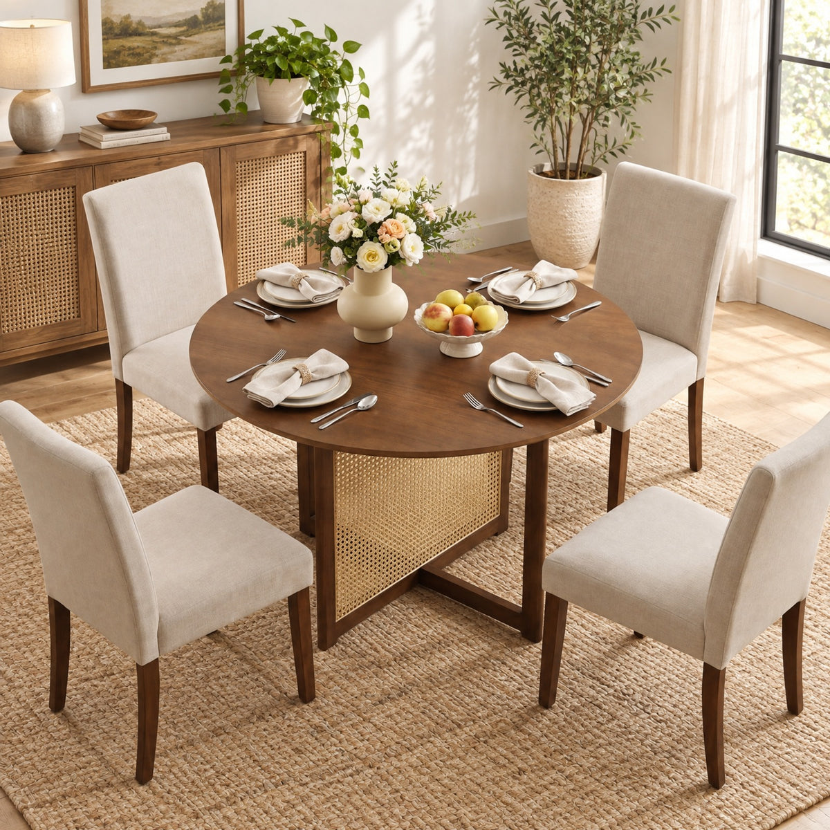 Airfind 37.5 Inch Round Dining Table with Cross Pedestal Base, 165 lbs Capacity, MDF Rubber Wood PE Rattan Frame, 37.5 x 29.5 Footprint, Walnut