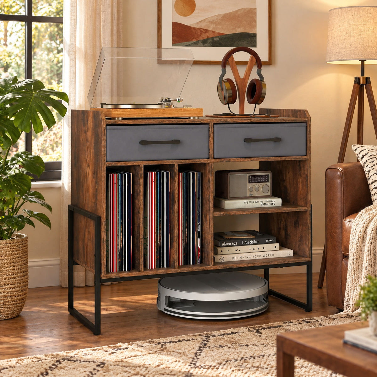 Airfind Large Record Player Stand with Charging Station Mid Century Modern Vinyl Storage Cabinet, 209 lbs Capacity, 30in x 14in x 27in Inside Footprint