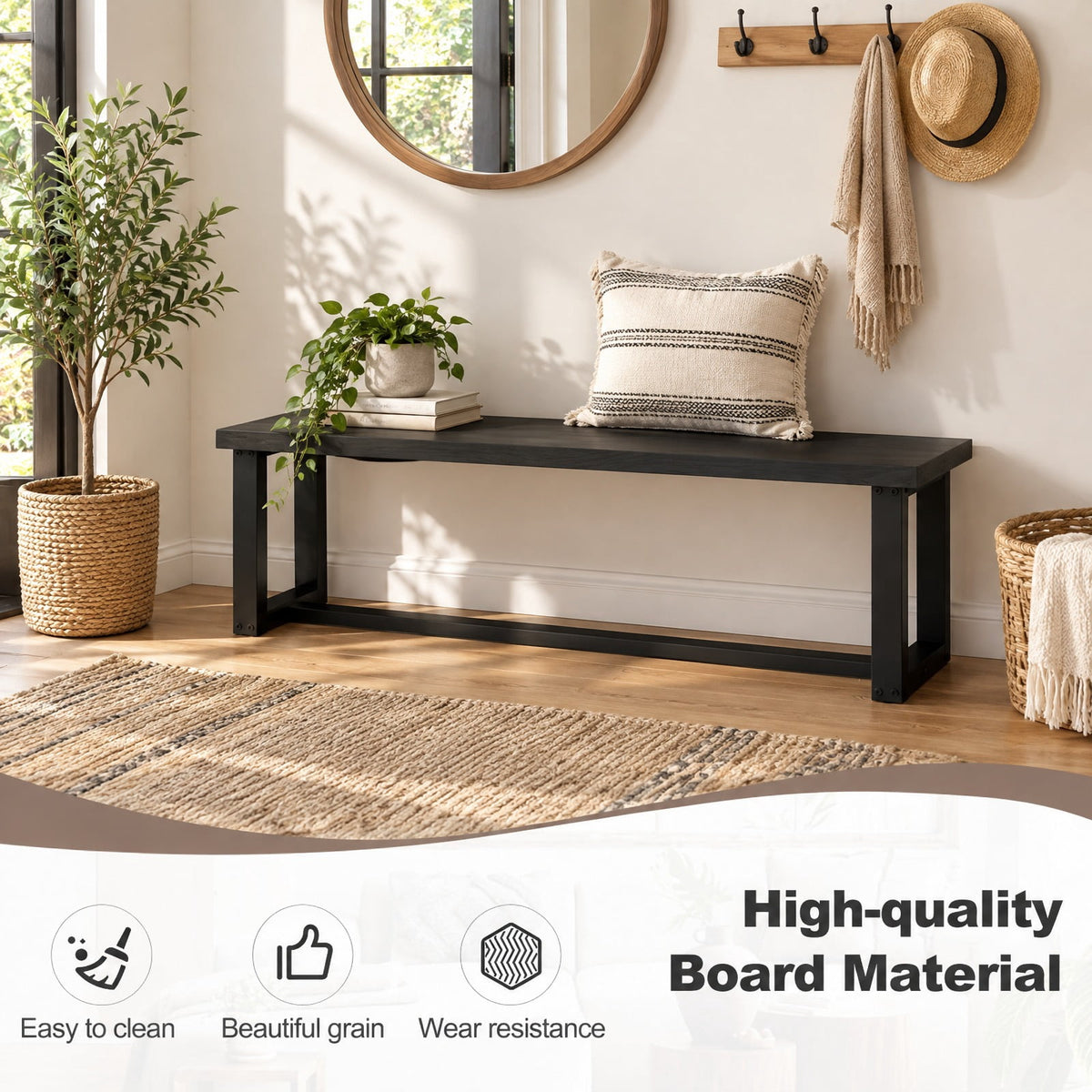 Airfind Wood Dining Bench with Metal Frame and Adjustable Footpads, 56.5 Inch x 16.5 Inch x 18 Inch Weight Footprint, Black