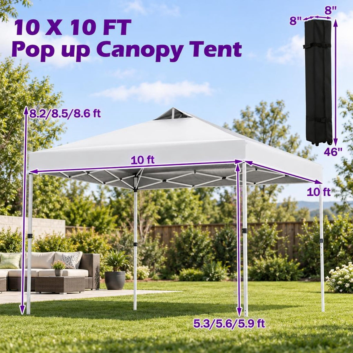 Airfind 10 x 10 Feet Outdoor Commercial Pop up Canopy Tent, 210D Oxford Fabric Metal Frame, 10 x 10 x 8.2-8.8 ft (L x W x H) 3 Footprint, White