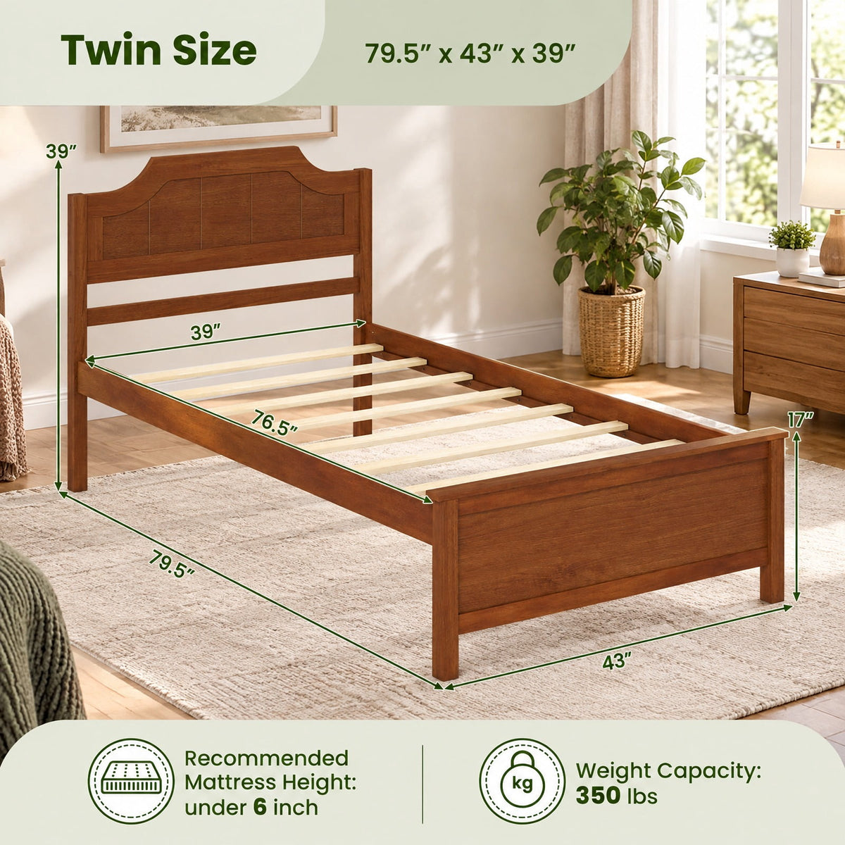 Airfind Multiple Size Solid Wood Platform Bed Frame with Headboard in Walnut, 350 lbs Capacity, 79.5 x 43 x 39 Bed Platform Footprint, Walnut