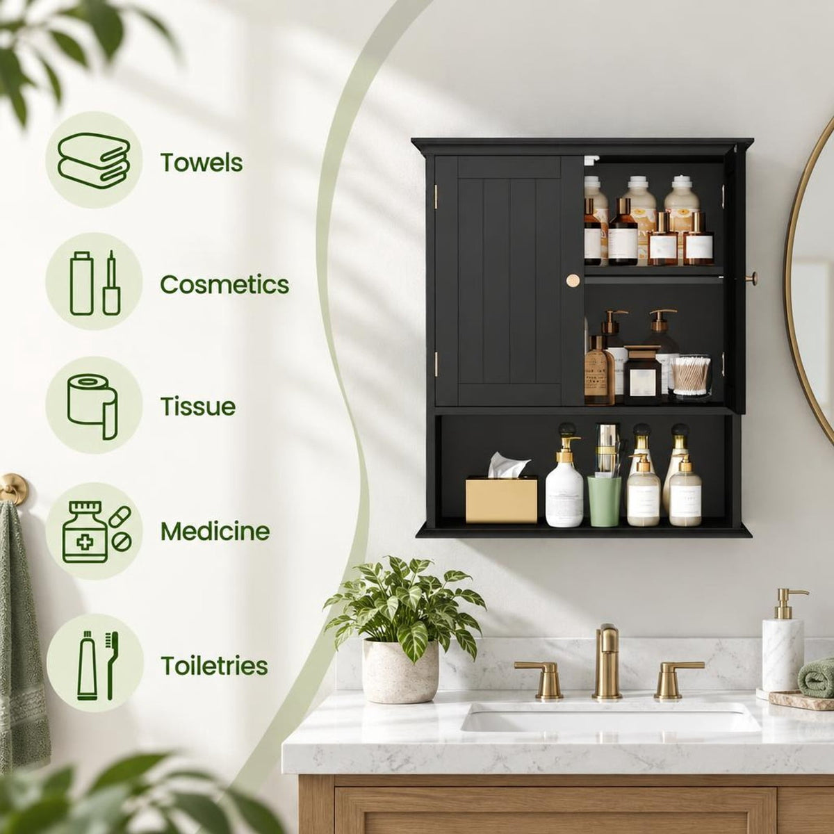 Airfind Wall Mount Bathroom Cabinet Storage Organizer with Doors and Shelves, MDF Metal for Convenient Everyday Use, Black