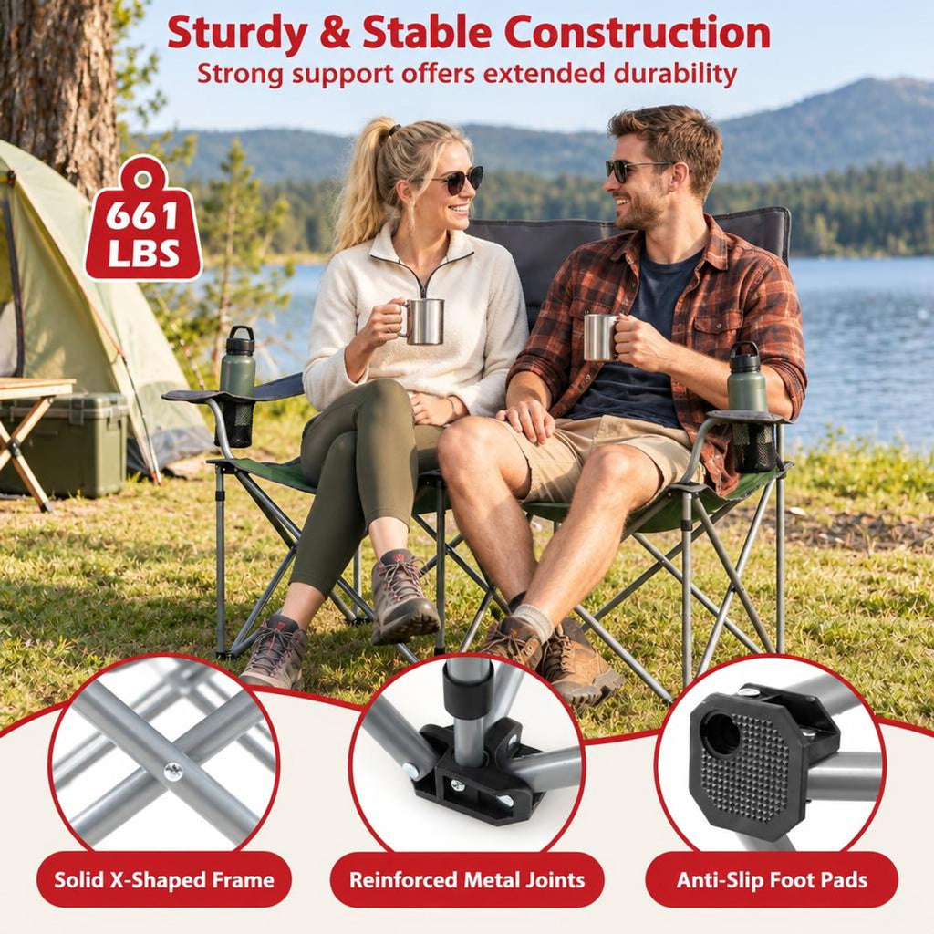 Airfind Double Camping Chair with Carry Bag Cup Holders, 660 lbs Capacity, Metal Oxford Fabric Sponge, 40 Inch x 20.5 Inch x 36.5 Inch , Green