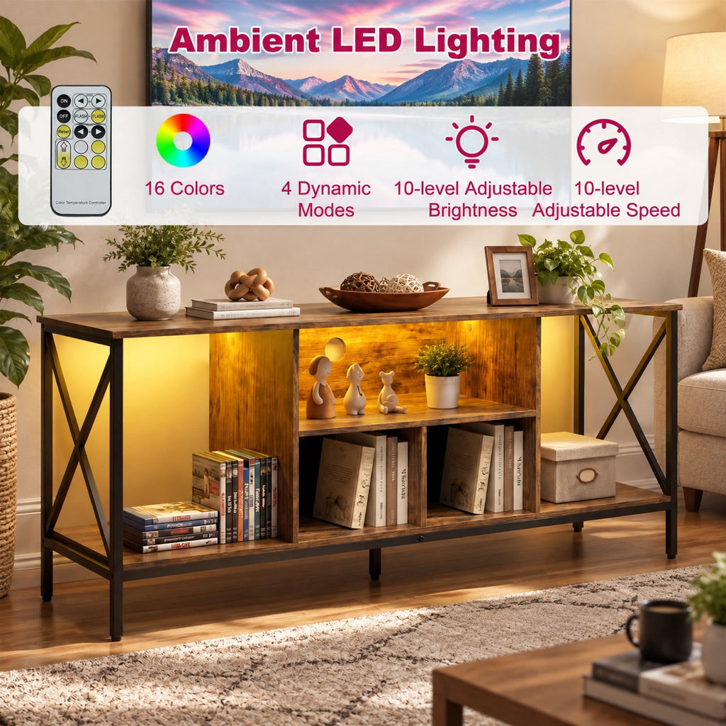 Airfind TV Stand with LED Lights for 65 Inch TV Entertainment Center with Power Outlets, 132 lbs Capacity, Metal Engineered Wood MDF Frame, Brown