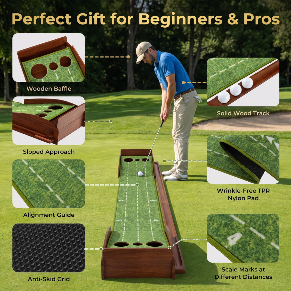 Airfind Golf Putting Mat Practice Training Aid with Auto Ball Return 3 Hole Sizes and Sloped Approach for Indoor Green, Brown