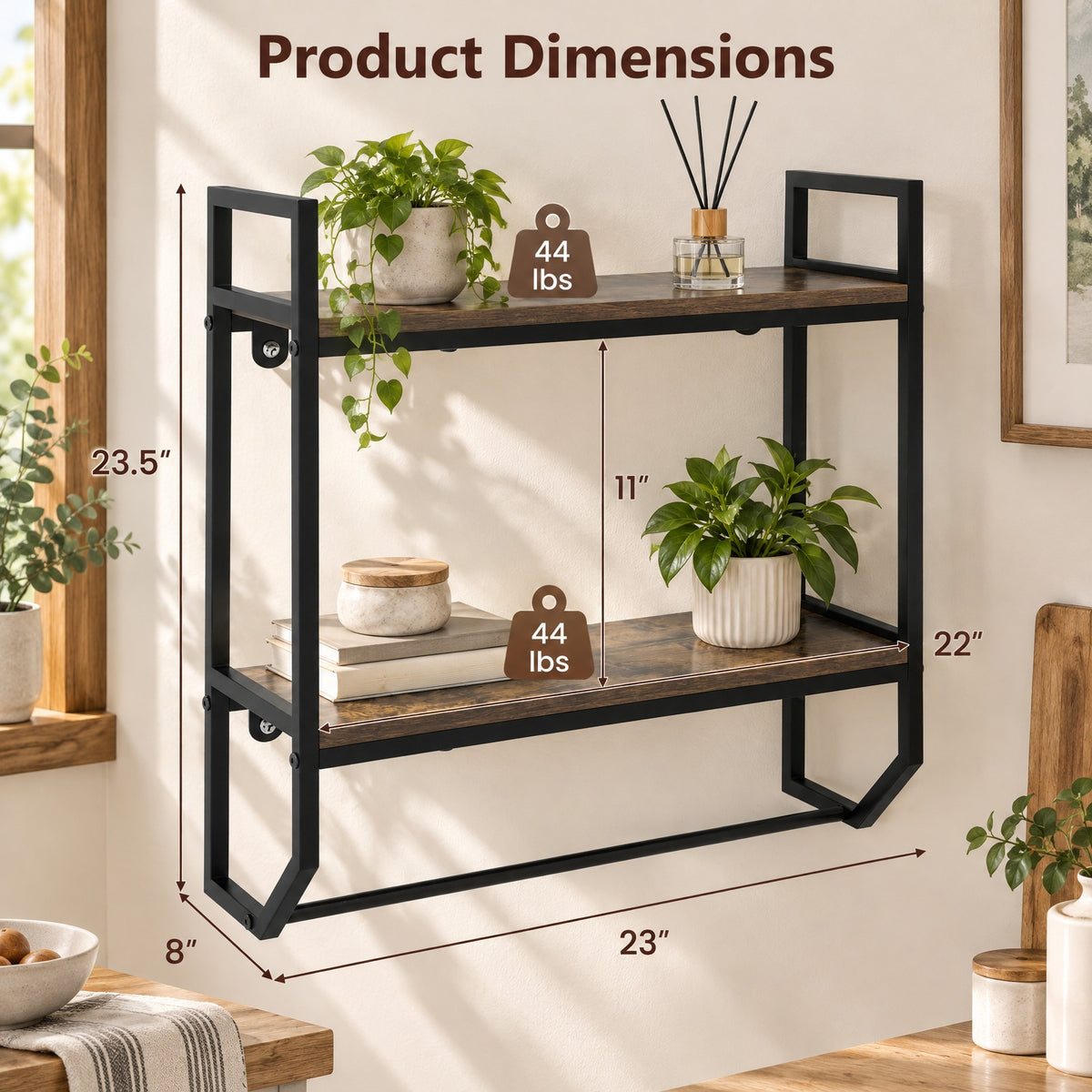 AIRFIND Bathroom Wall Shelf with Towel Bar, 2-Tier Over-Toilet Storage Rack with Metal Frame and 22 in Hanging Rail, 23 in Wide, Gray