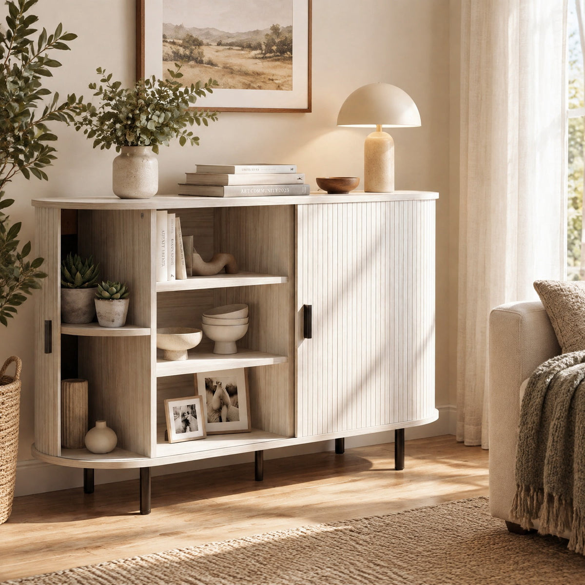 Airfind 47 Inch Fluted Sideboard Buffet Cabinet with Tambour Sliding Doors and Metal Legs, Engineered Wood MDF Metal Plastic Frame, Grey