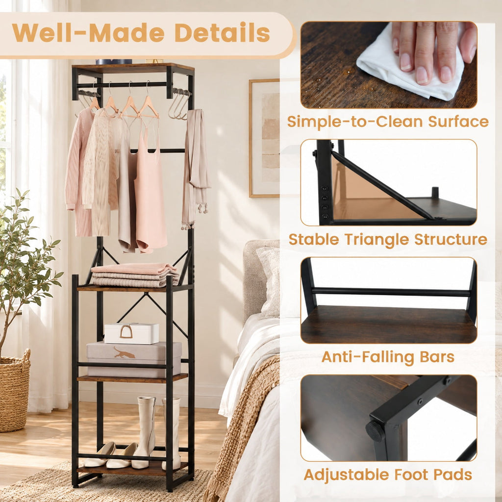 Airfind Freestanding Coat Rack with 4 Storage Shelves and 6 Hooks, 22 lbs Capacity, Metal Engineered Wood, 16 Inch x 12 Inch x 64 Inch , Brown