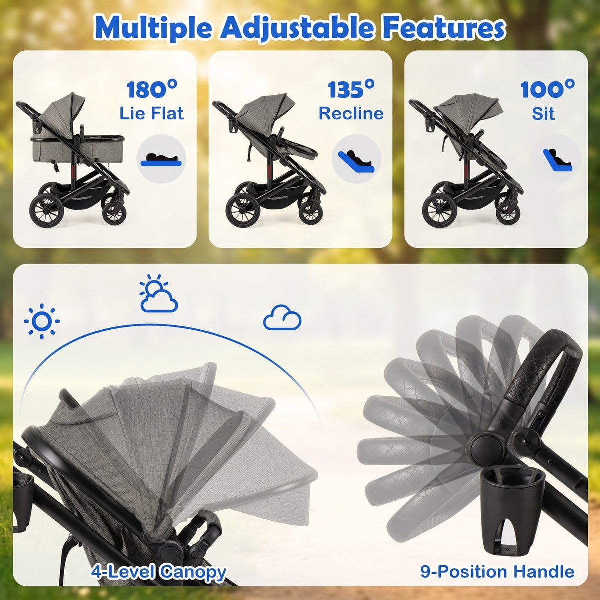 AIRFIND Baby Stroller with Reversible Seat, Bassinet Mode, Adjustable Handle and Canopy, Folding Aluminum Frame, Diaper Bag and Footmuff, Gray