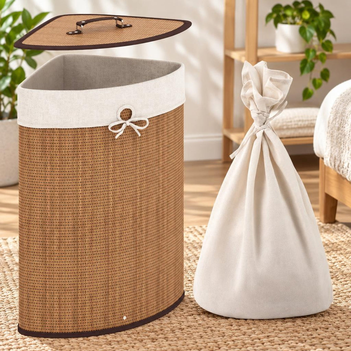 Airfind Bamboo Laundry Hamper Basket with Lid and Removable Liner Bag, Bamboo and polyester cotton Frame, Yellow