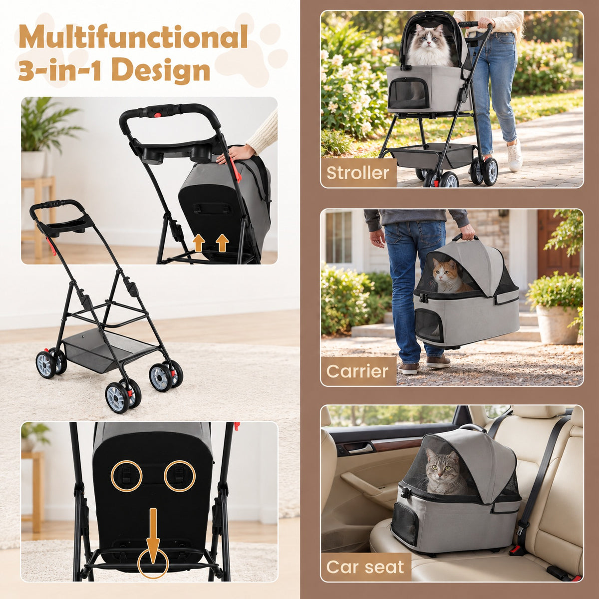 Airfind 3 in 1 Pet Stroller with Removable Carrier up to 33 lbs, 33 lbs Capacity, 300D Oxford Cloth Metal Mesh Sponge PU PP Frame, Gray
