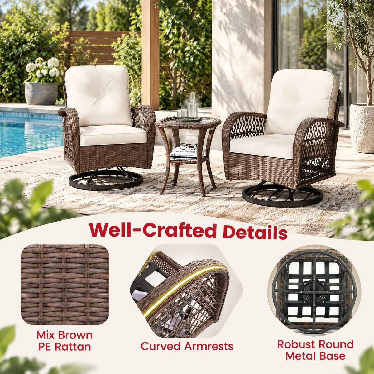 AIRFIND Patio Swivel Rocker Set of 3 with Cushioned Chairs, Tempered Glass Side Table and Metal Frame, 400 lb Chair Capacity, White