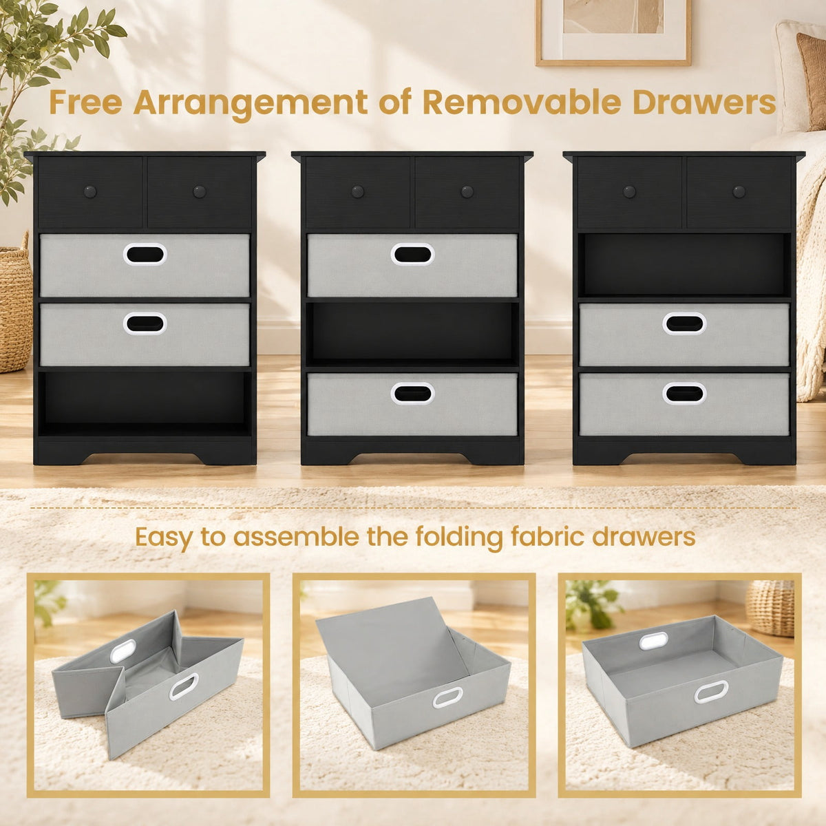 Airfind 4-Drawer Dresser Modern Chest Storage Organizer with Open Shelves, 100 lbs Capacity, Engineered Wood MDF Fabric Frame, Black