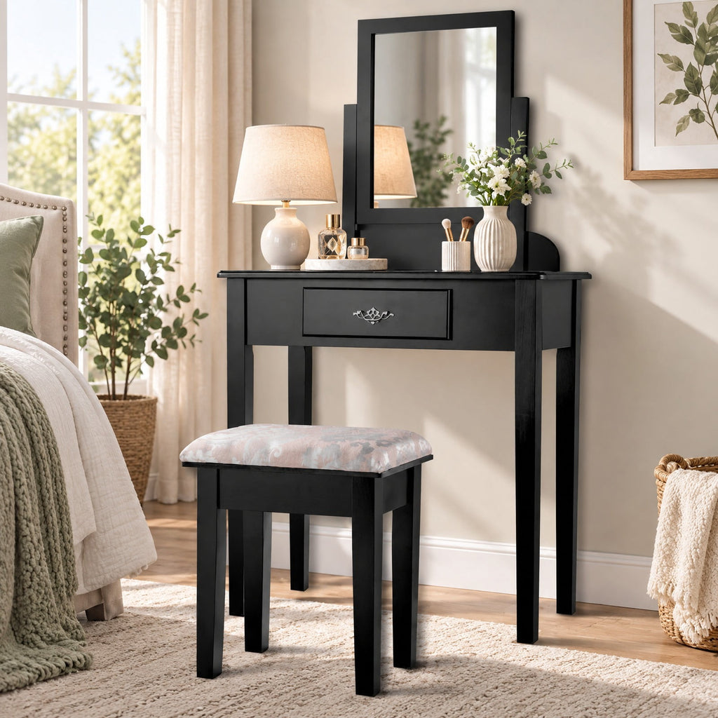 Airfind Vanity Dressing Table Stool Set with Large Makeup Mirror, 286 lbs Capacity, Wood Frame, 29.5 Inch x 16.0 Inch x 53.5 Inch (L x W x H) The Footprint