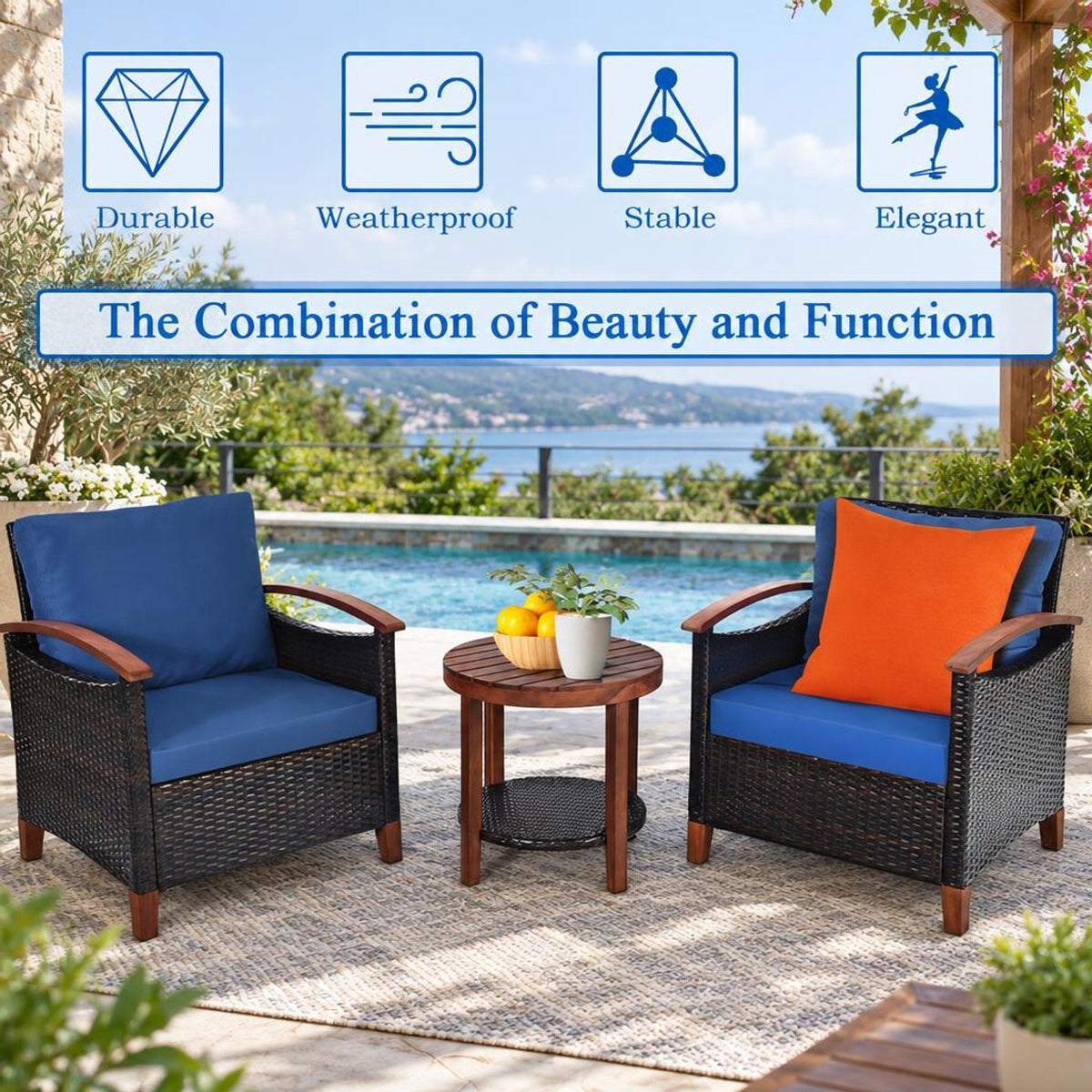 Airfind 3 Pieces Patio Rattan Furniture Set with Washable Cushion and Acacia Wood Tabletop, 360 lbs Capacity, 26 x 27.5 x 31 Footprint, Blue
