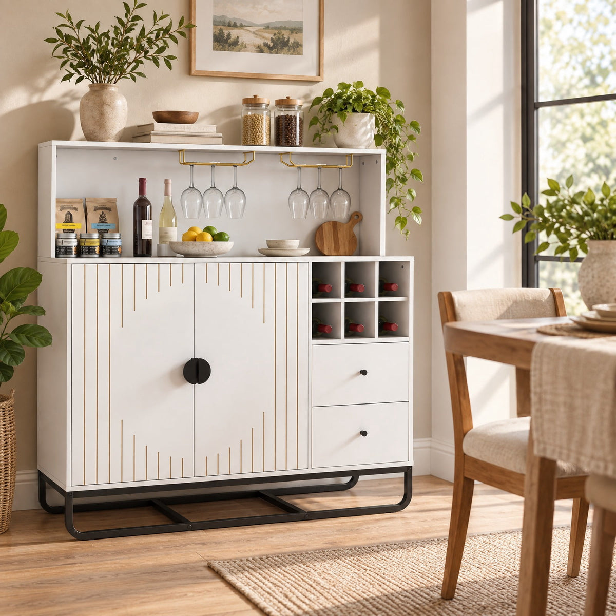 Airfind Home Bar Cabinet with Wine Rack Glass Holder and Adjustable Shelf, 47 Inch x 16 Inch x 48.5 Inch Inner Footprint, White