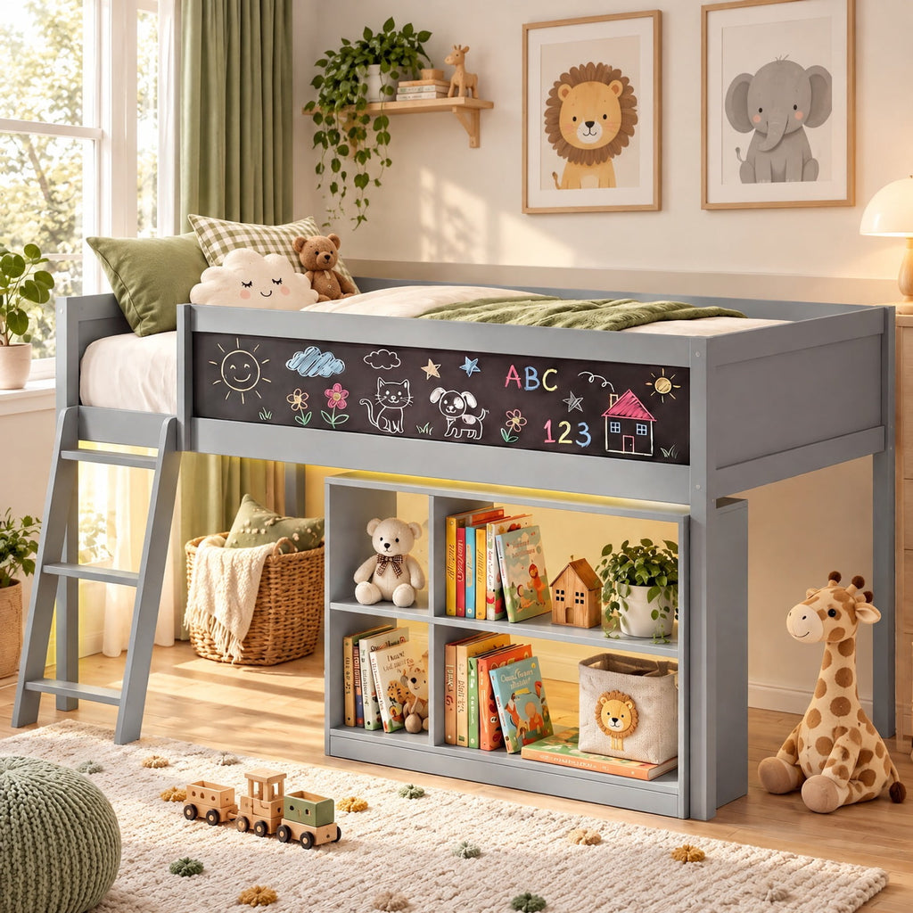 Airfind Twin Size Kids Loft Bed with LED Lights and Removable Bookcase, 350 lbs Capacity, Solid Wood Plywood Engineered Wood Frame, Gray