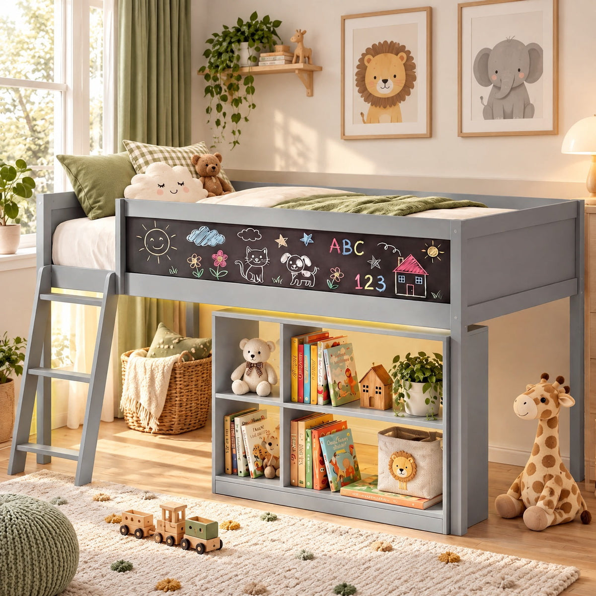 Airfind Twin Size Kids Loft Bed with LED Lights and Removable Bookcase, 350 lbs Capacity, Solid Wood Plywood Engineered Wood Frame, Gray