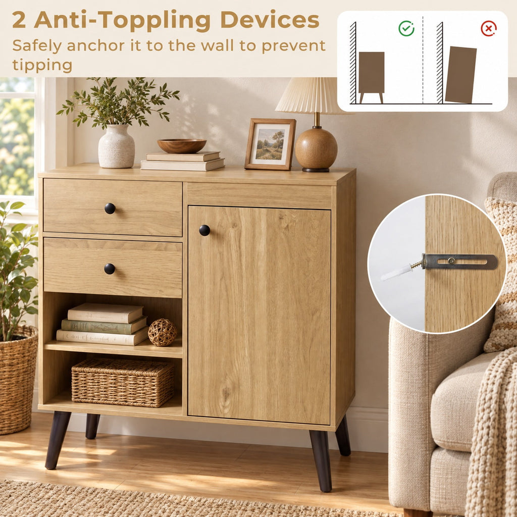 Airfind 31 Inch Sideboard Cabinet, with 2 Open Compartments and 2 Drawers, 135 lbs Capacity, Engineered Wood Frame, 31 Inch x 14 Inch x 31 Inch Footprint, Natural