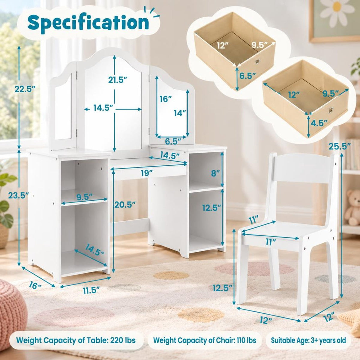 Airfind Kids Vanity Table and Chair Set with Removable Mirrors and 4 Storage Bins, 220 lbs Capacity, MDF Frame, for 3+ Years Old, White