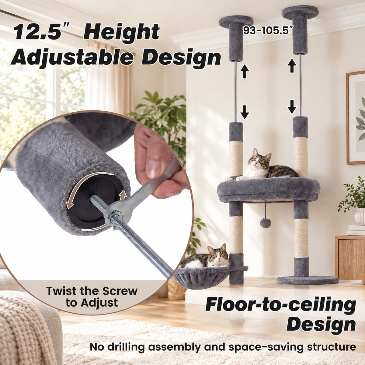 Airfind 6-tier Floor to Ceiling Cat Tree with Plush Bed and Sisal Scratching Posts, 33 kg Capacity, Plywood Plush Metal Sisal Rope Frame, Grey