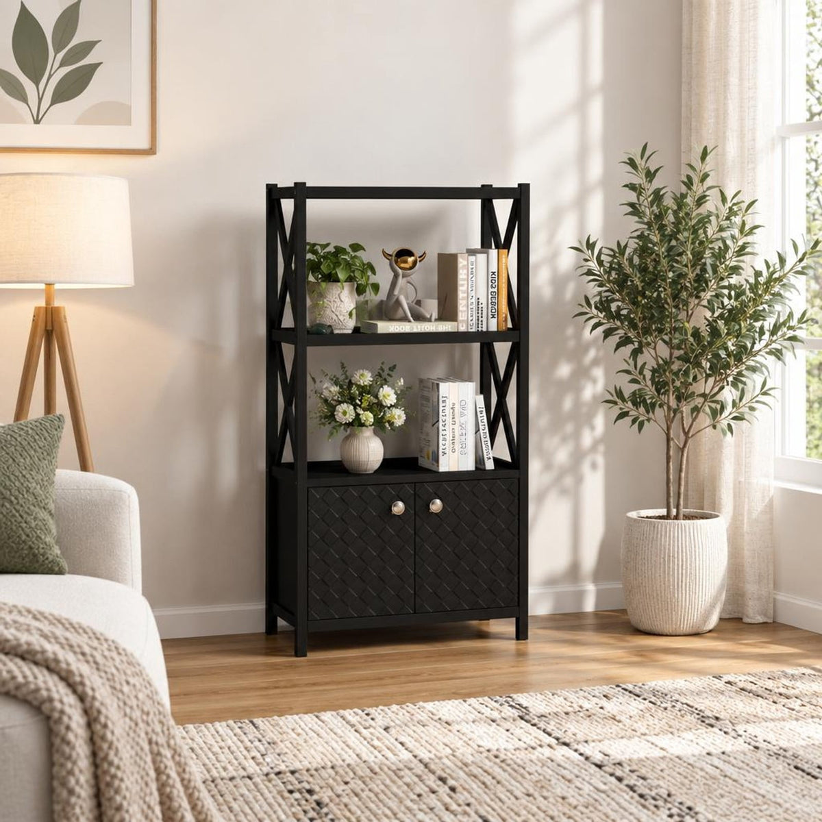 Airfind Bathroom Storage Cabinet with Open Shelves and Double Doors, 88 Lbs Capacity, Rubber Wood Mdf, 25 Inch X 12 Inch X 47 Inch, Black