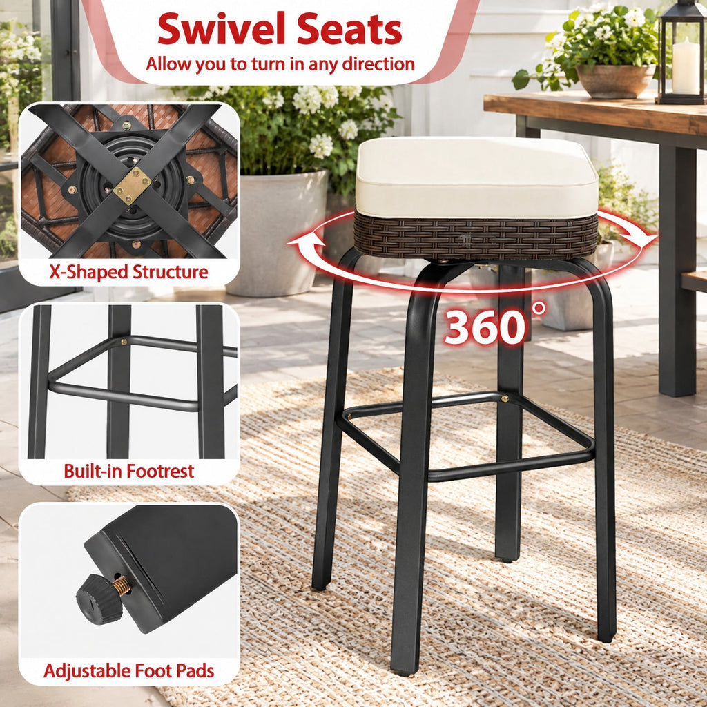 Airfind 3 Pieces Outdoor Swivel Bar Set PE Rattan Bar Height Table with 2 Chairs, PE Rattan Metal Tempered Glass Polyester Sponge Frame, White