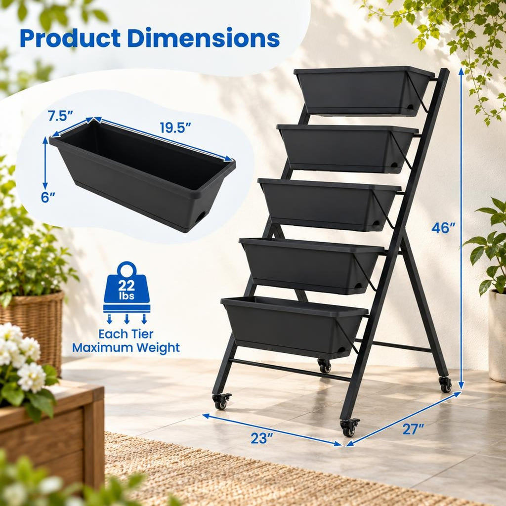 Airfind 5, 22 lbs Capacity, PP Metal Frame, 23 x 27 x 46 Footprint, Black, 5 planter boxes for modular growing