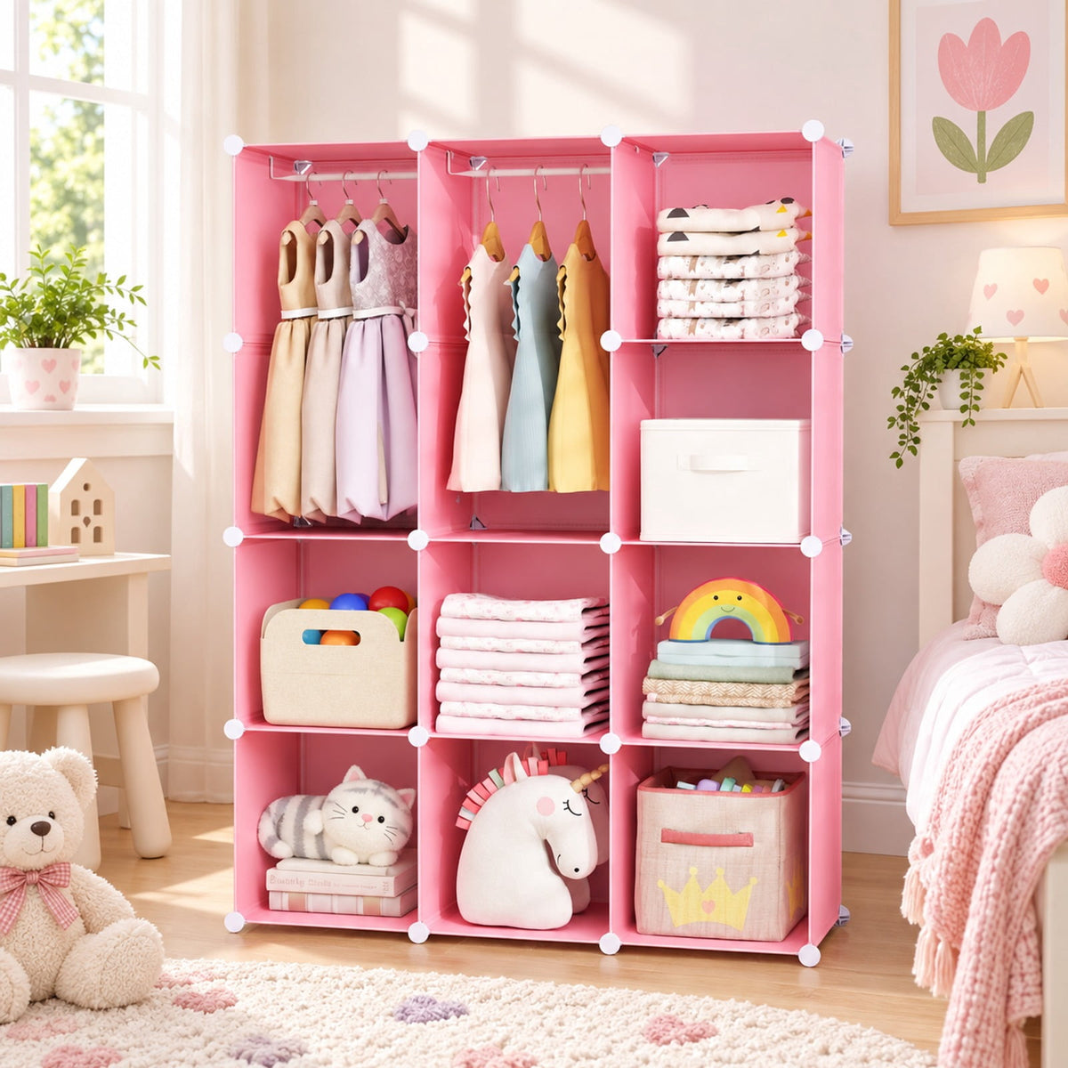 Airfind Modular Baby Wardrobe with 10 Cubes Hanging Rod and Shelves Stackable, 6.5 lbs Capacity, PP Frame, 43 x 14 x 57 Footprint, Pink