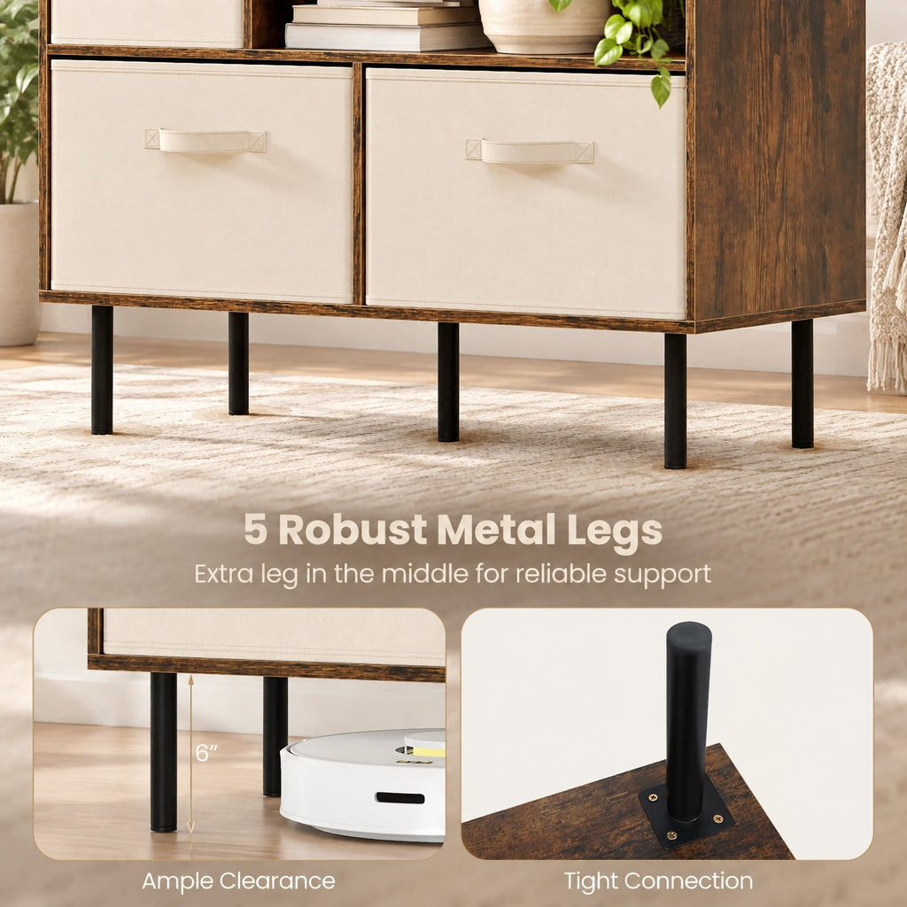 Airfind 6-Cube Bookshelf with 3 Removable Folding Fabric Drawers for Living Room, 330 lbs Capacity, Metal Engineered Wood Frame, Brown